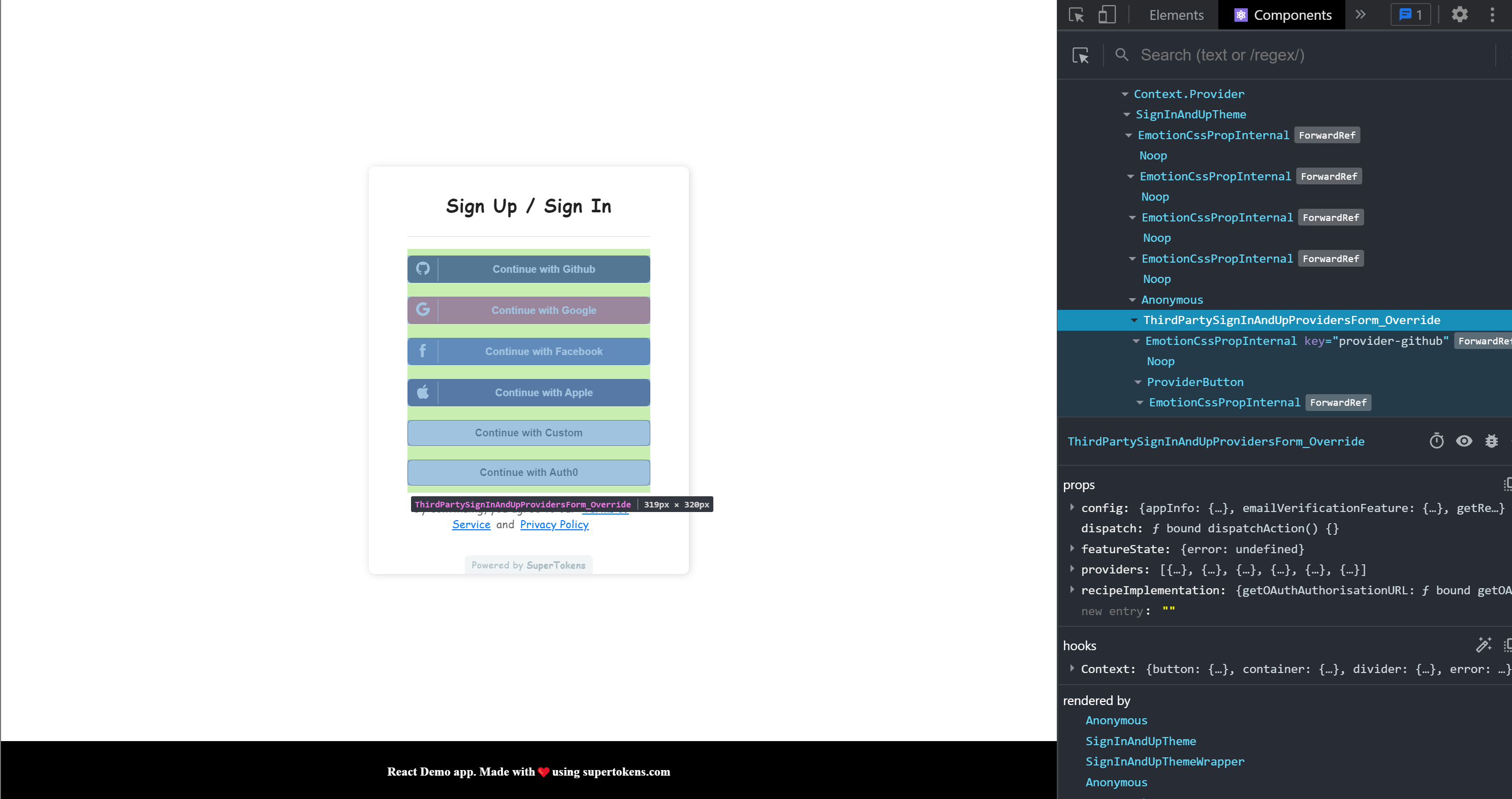 Checking which component from the prebuilt UI will be overridden using React Developer Tools extension