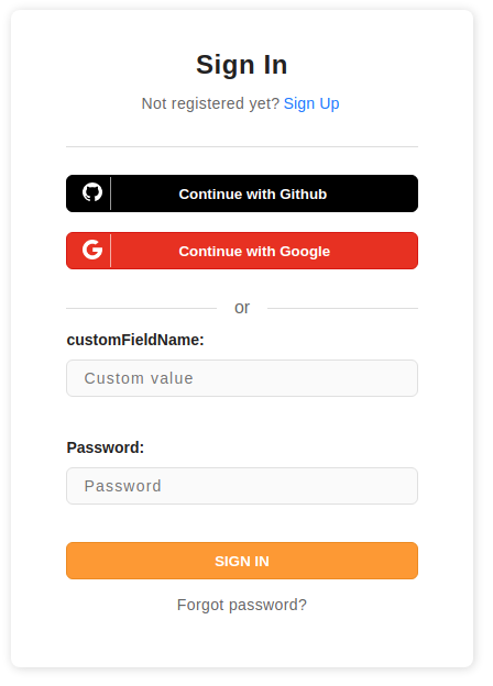 Prebuilt sign up form with custom field label and placeholder